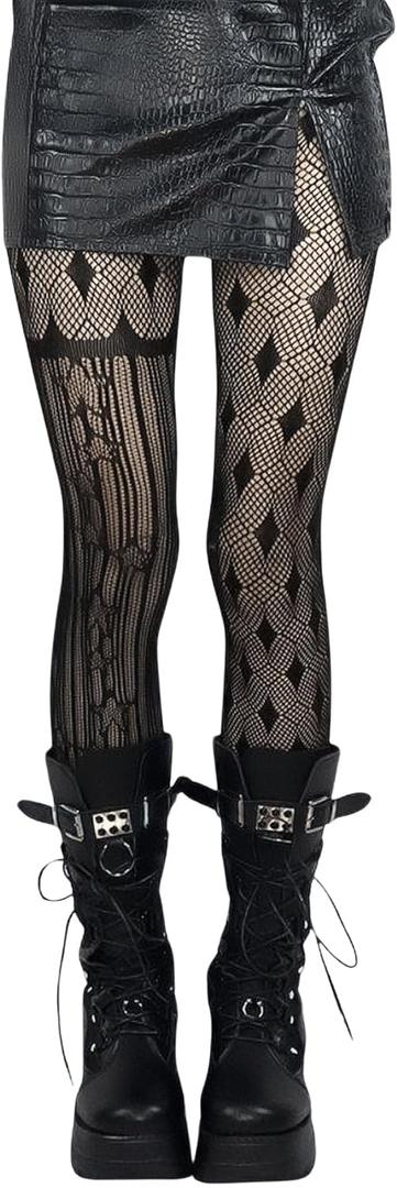 OYOANGLE Women's Gothic Striped Graphic Pattern Fishnet Tights Pantyhose Mesh Sheer Stockings (Black), One-Size 