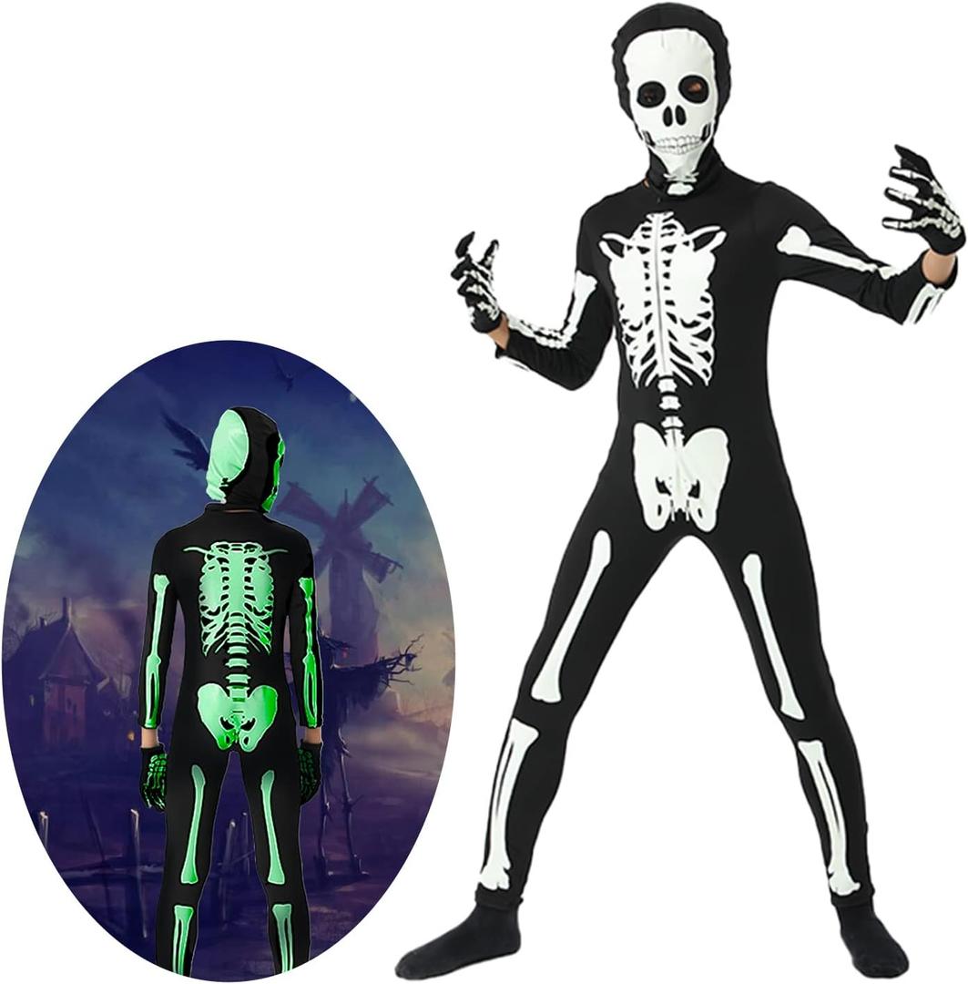 Cupohus Halloween Costume Glow in Dark, compatible for Skeleton Costume Bodysuit Jumpsuit - Black and White Halloween Jumpsuit Costume, Unisex(Kids-L)