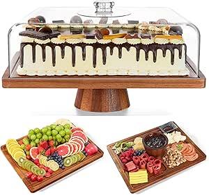 HouseJoy Acacia Wood Cake Stand with Lid-Extra Large 17" Rectangular Cake Holder,2-in-1 Dessert Table Display Set & Charcuterie Board,Acrylic Cake Dome Cover for Cheese, Veggie, Desert, Chips & Dip