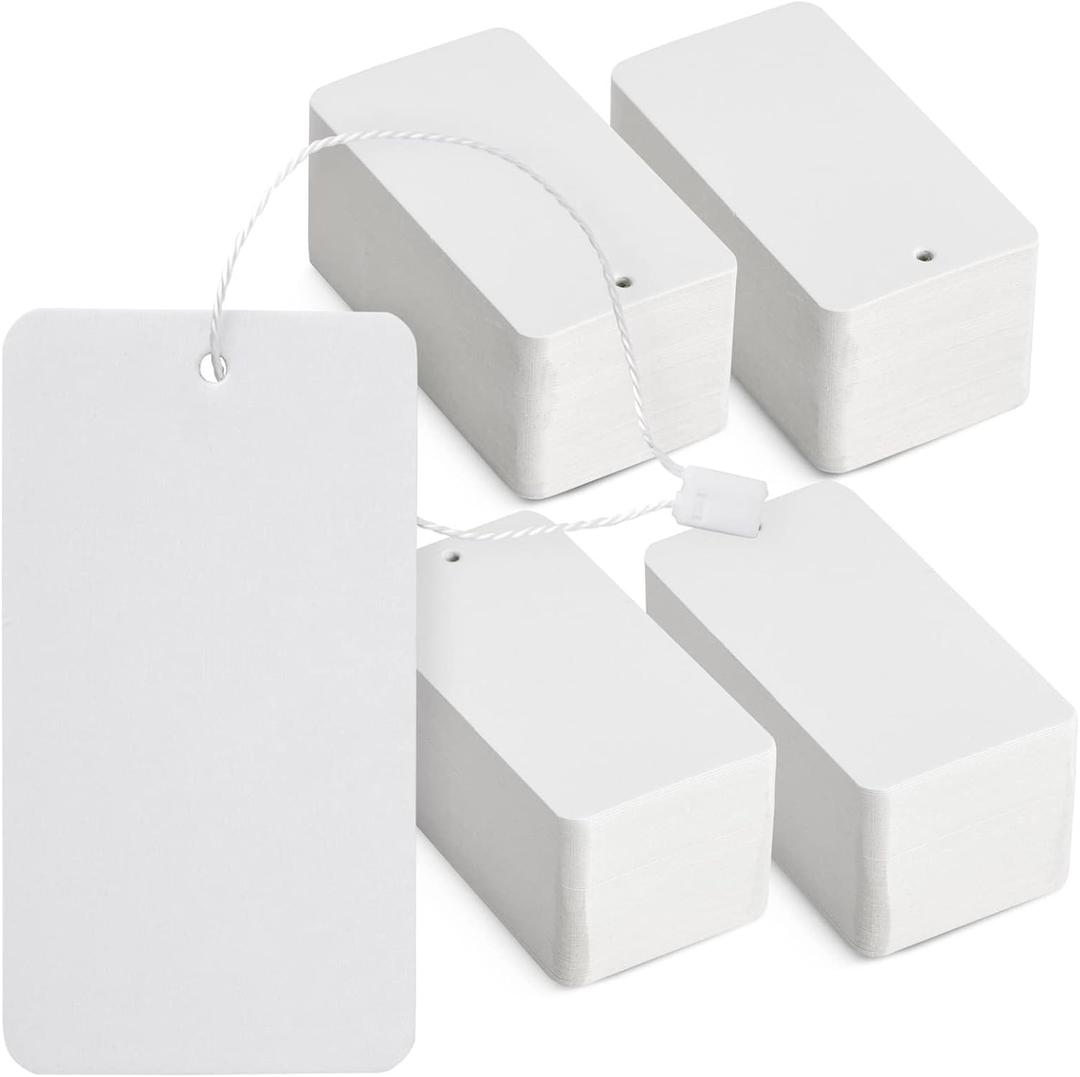 500-Pack Hang Tags with String Attached and Fasteners, Blank Writable Cardstock Paper Tags for Presents, Clothing, Shipping, Retail, Gift Bags, White (3.5x2 in)