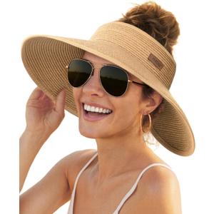 FURTALK Sun Hats for Women Wide Brim Beach Hat Straw Visor Ponytail Summer UV Packable Foldable Beach Vacation Essentials (Medium, Khaki)