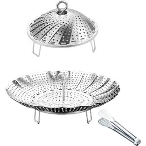 Vegetable Steamer Basket, 304 Stainless Steel Steamer for Cooking, Expendable Food Steamer to Fit Various Size Pot (5.7" to 9" + 7.3" Kitchen Tong)
