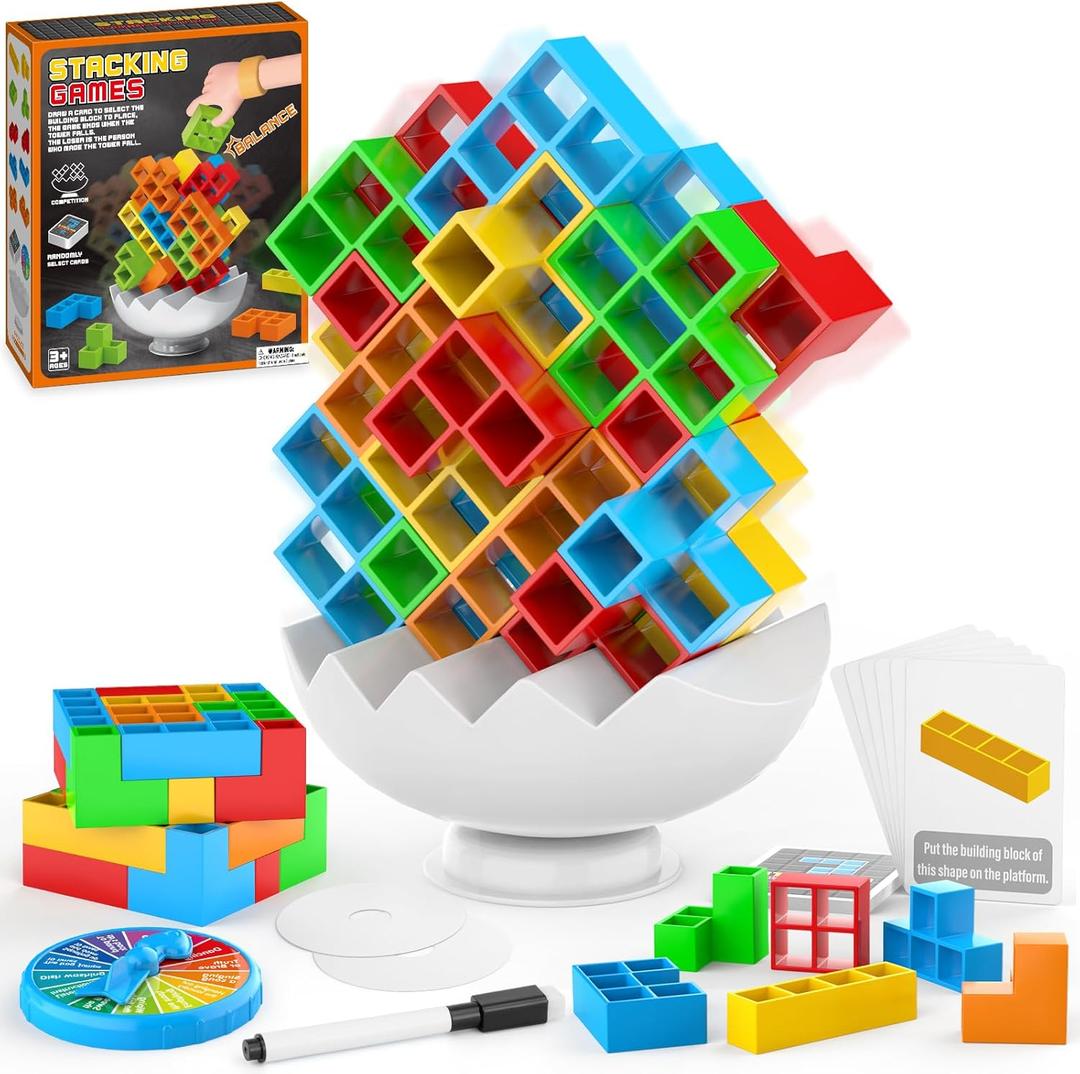 70PCS Stack Game for Adult & Kids, 3D Tetra Board Tower Games for Family Travel Party, 2 Players Balance Stacking Toy, Team Toys Building Block (70PCS - New Edition Base, Mixed Color)