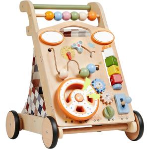 GROWNSY Wooden Baby Walker with Wheels, 3-in-1 Sit-to-Stand Push Walker
