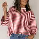 Women's Boho Blouse Red Stripe Bowknot Cutout Back Drop Shoulder Wide Bracelet Sleeve Loose Tee (XL)