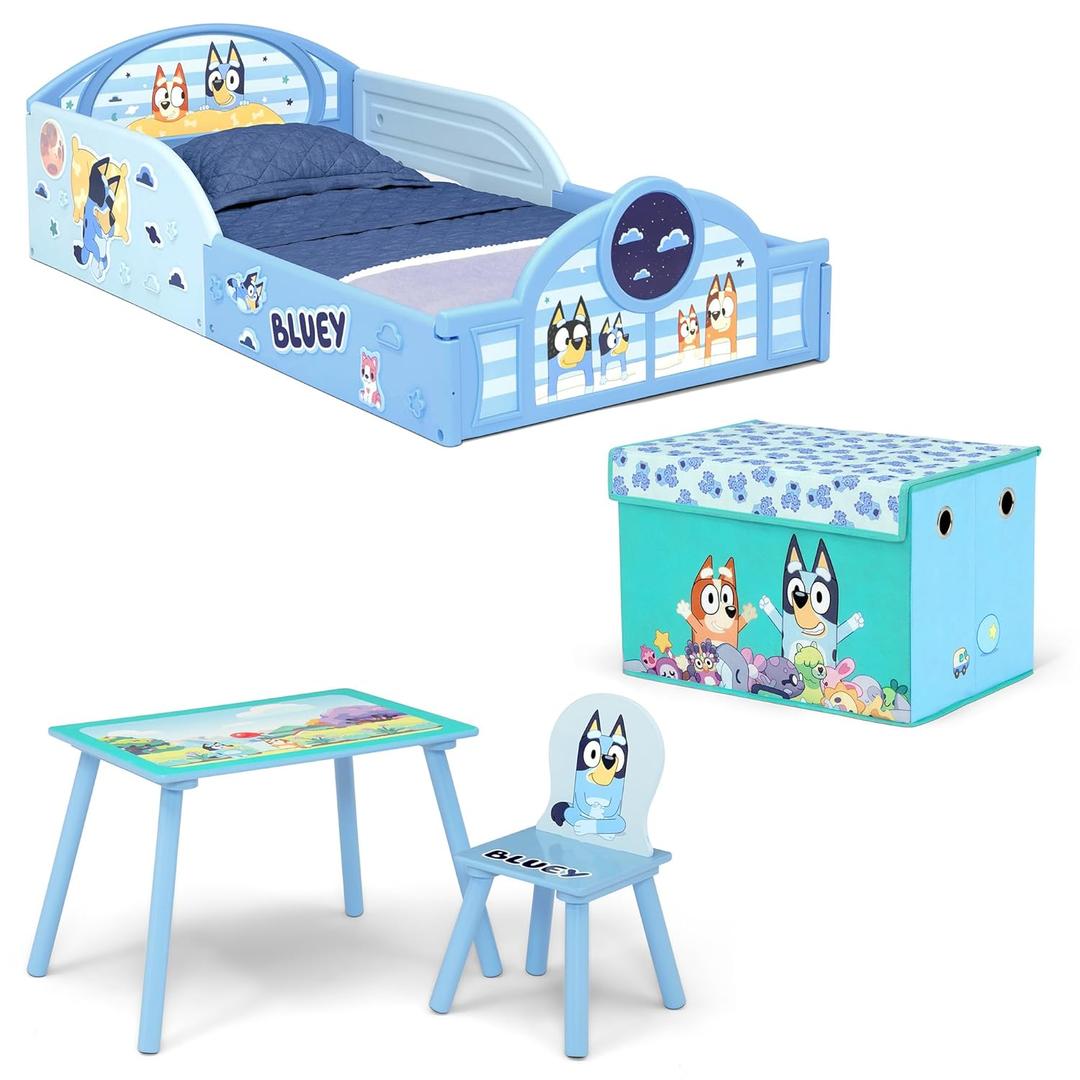 Delta Children - Bluey 4-Piece Toddler Room-in-a-Box Set  Includes Sleep and Play Toddler Bed, Table, 1 Chair and Fabric Toy Box, Blue