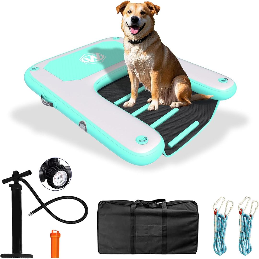Inflatable Dog Water Ramp for Dogs Up to 220 lbs, Inflatable Dock Floating Platform with Non-Slip EVA FoamInflatable Dog Ramp for Boat,Pool, Dock, Lake