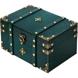 Vintage Pirate Treasure Chest Box Large Wooden Antique Wood Storage Case with Metal Accents, Green Retro Decorative Trunk Organizer for Jewelry, Trinket, Tarot Card, Pearl, Home Bedroom Decor Gift