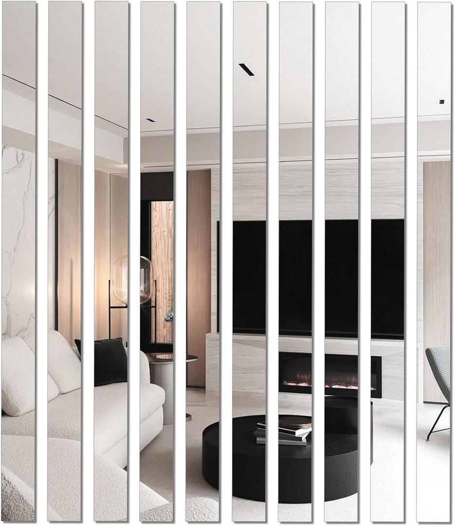 10Pcs DIY Striped Mirror Stickers 39.37 Inch Self Adhesive Long Acrylic Wall Decals Mirror Strips Removable for Home Art Wall Decor (Silver)