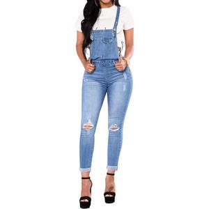 LONGBIDA Skinny Ripped Jeans Denim Jumpsuit Overalls For Women (Large, Light Blue)