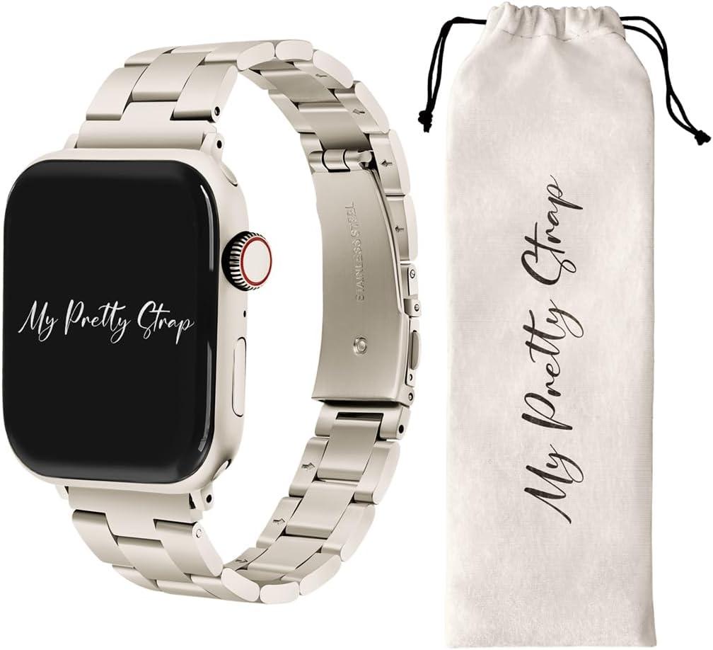 My Pretty Strap - Compatible Apple Watch Band Strap, Stainless Steel Fashion iWatch Replacement Strap- Easy Resizing, No Tool Needed, Fits Most Wrists- Compatible with Series 1-11, SE and Ultra (44MM / 45MM / 46MM / 49MM / (Series 1-3 - 42MM), Classic Vogue Starlight)
