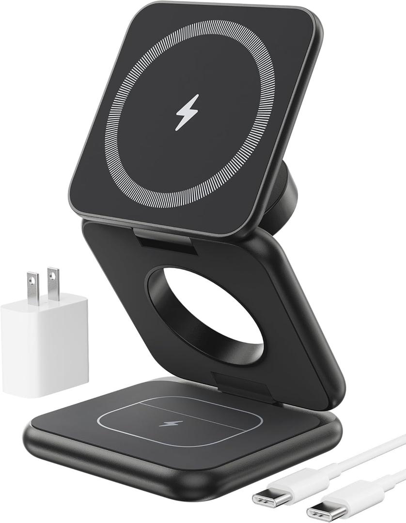 Foldable Magnetic Wireless Charger, KU XIU X40 Aluminum Alloy 3 in 1 Charging Station for Apple, Fast Charging Travel Charger for iPhone 17 16 15 14 13 12, 5W for Apple Watch & AirPods, Black