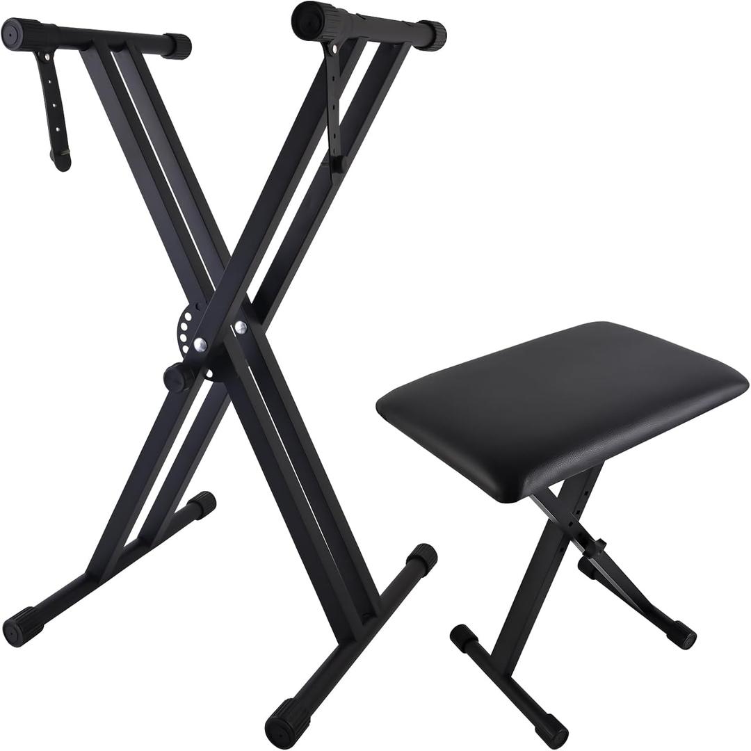 Piano Keyboard Stand and Bench Set, Double-X Keyboard Stand Adjustable Digital Piano Stand with Lockable Straps, (Piano Keyboard Stand x 1, Piano Bench x 1), Black