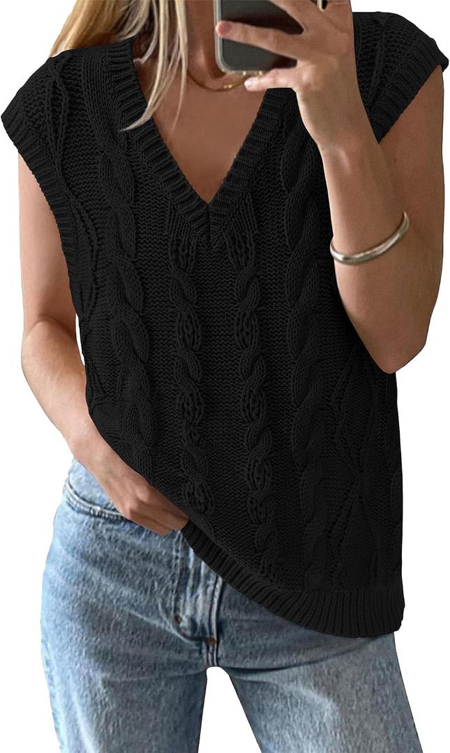 BTFBM Sweater Vest Women Oversized V Neck Cable Knit Casual Pullover Sweaters Fall Outfits 2025 Sleeveless Tops (S)
