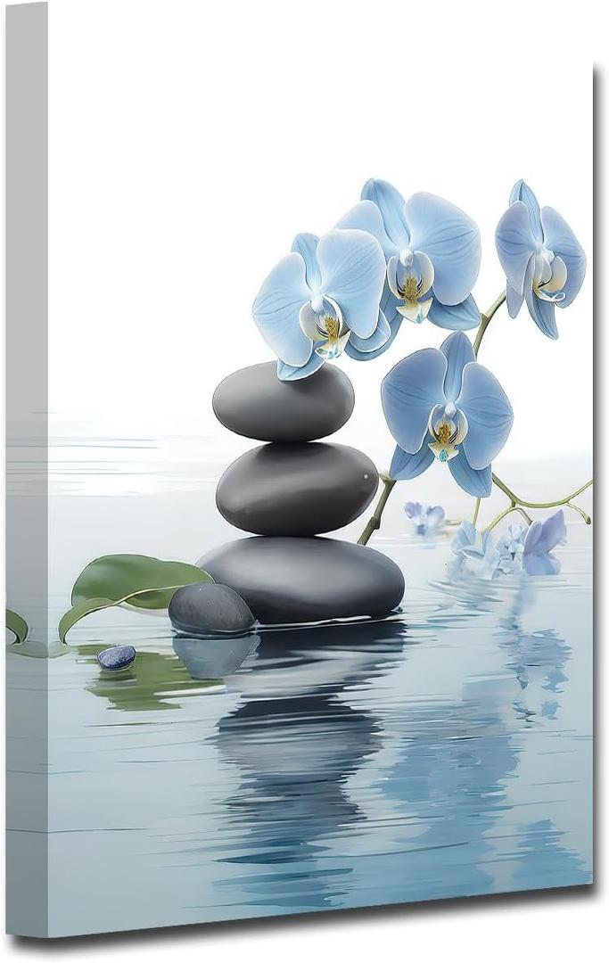 CXHOSTENT Spa Bathroom Wall Art Blue Orchid Flowers and Zen Stones on Water Pictures Print on Canvas Framed Artwork for Yoga Zen Room Decor (Zen-3, 24.00"x36.00")