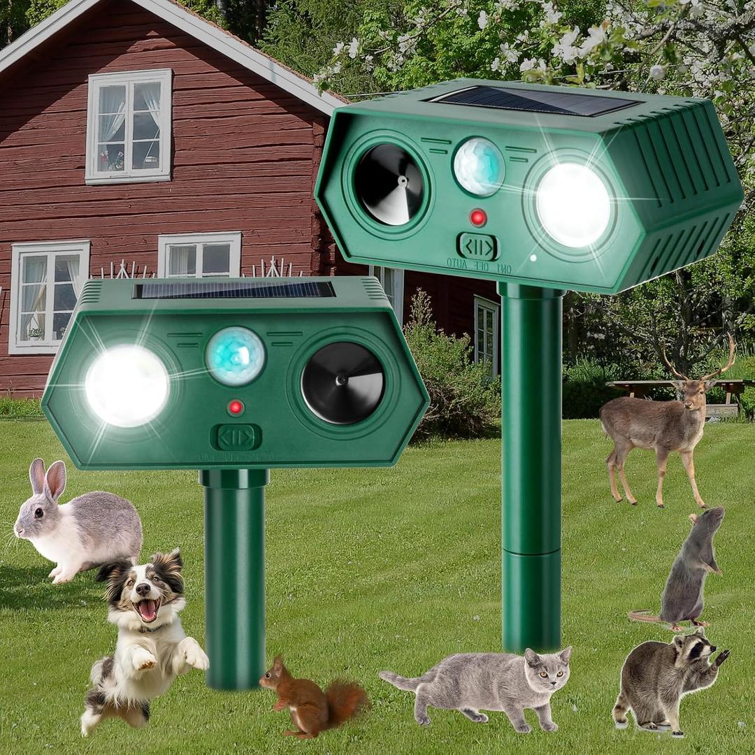 2Pack 2025 Ultrasonic Animal Repellent Outdoor Deer Repellent Devices Solar Animal Repeller Motion Activated Deterrent to Scare Cat Squirrel Rabbit Raccoon Skunk with LED Flash Lights for Yard Lawn (Green)