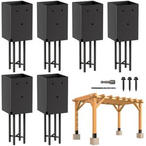 6 Pack 4x4 Metal Post Base Holder Bracket for Concrete Deck (Black) | Internal 3.5"x3.5", Post Anchor Brackets Ground Spike, For Concrete Deck, For Wood Fence, Railing, Pergola, Porch