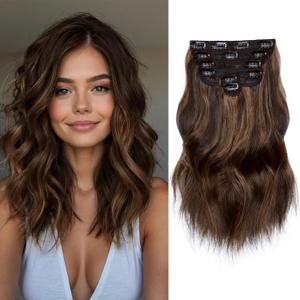 NAYOO Clip in Hair Extensions for Women 14 Inch Short Wavy Curly Dark Brown Mix Chestnut Hairpieces Full Head Synthetic Hair Hairpieces (6PCS, Dark Brown Mix Chestnut)