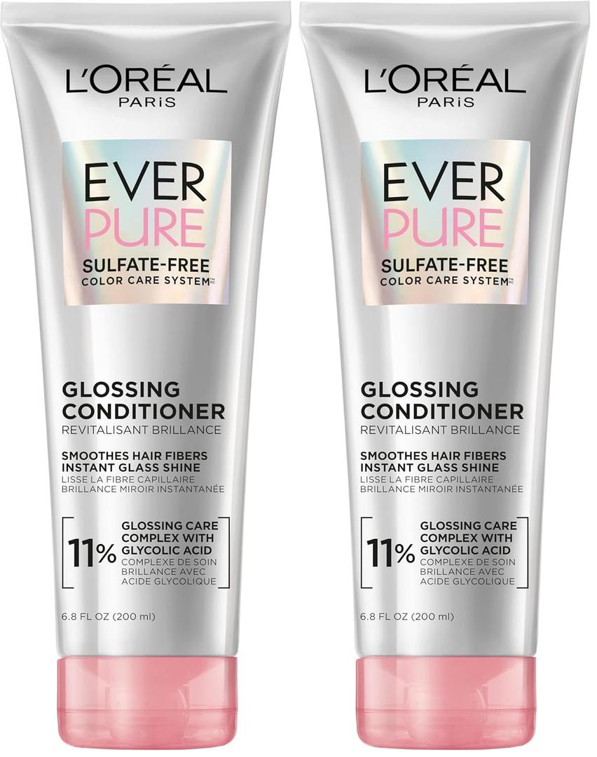 L'Oreal Paris Glossing Sulfate Free Conditioner with Glycolic Acid, Hair Care for Lasting Shine and Smoothness for Dull, Dry Hair, EverPure, 6.8 Fl Oz,(Pack of 2)
