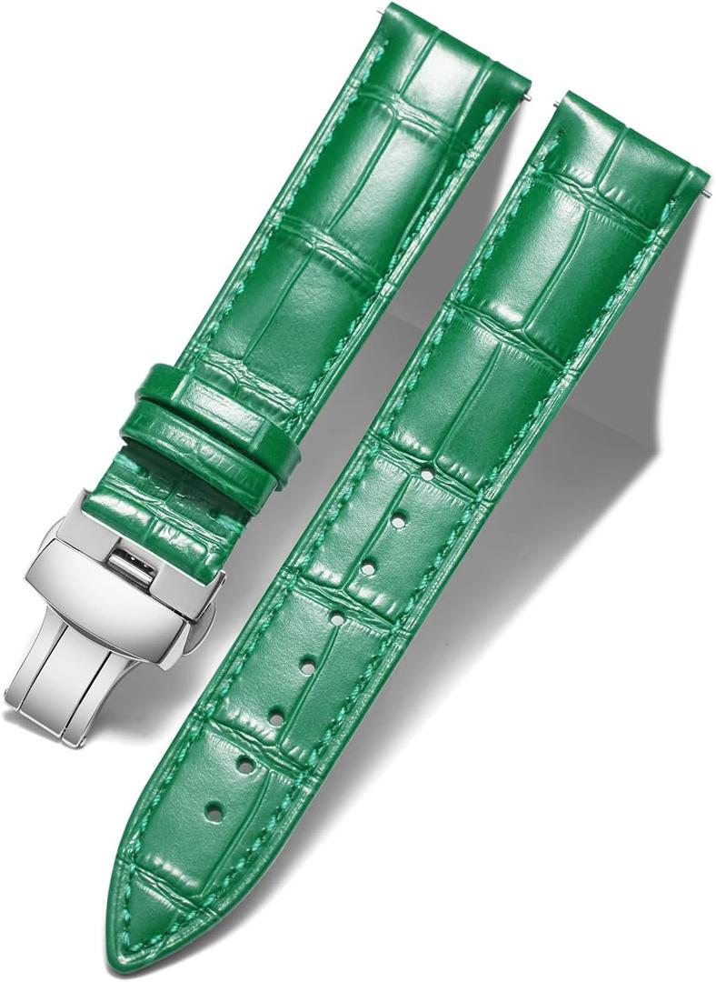 BINLUN Leather Watch Strap Quick Release Strap with Silver Butterfly Deployment Buckle 12mm 13mm 14mm 15mm 16mm 17mm 18mm 19mm 20mm 21mm 22mm 23mm 24mm Watch Band for Men Women (Green)