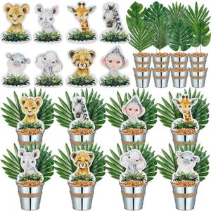 Amyhill 58 Pcs 8 Sets Safari Centerpieces for Tables Jungle Animals Centerpieces Safari Baby Shower Party Decor with Palm Leaves Metal Buckets Jungle Animals Cutouts for Wild One Birthday Party Decor