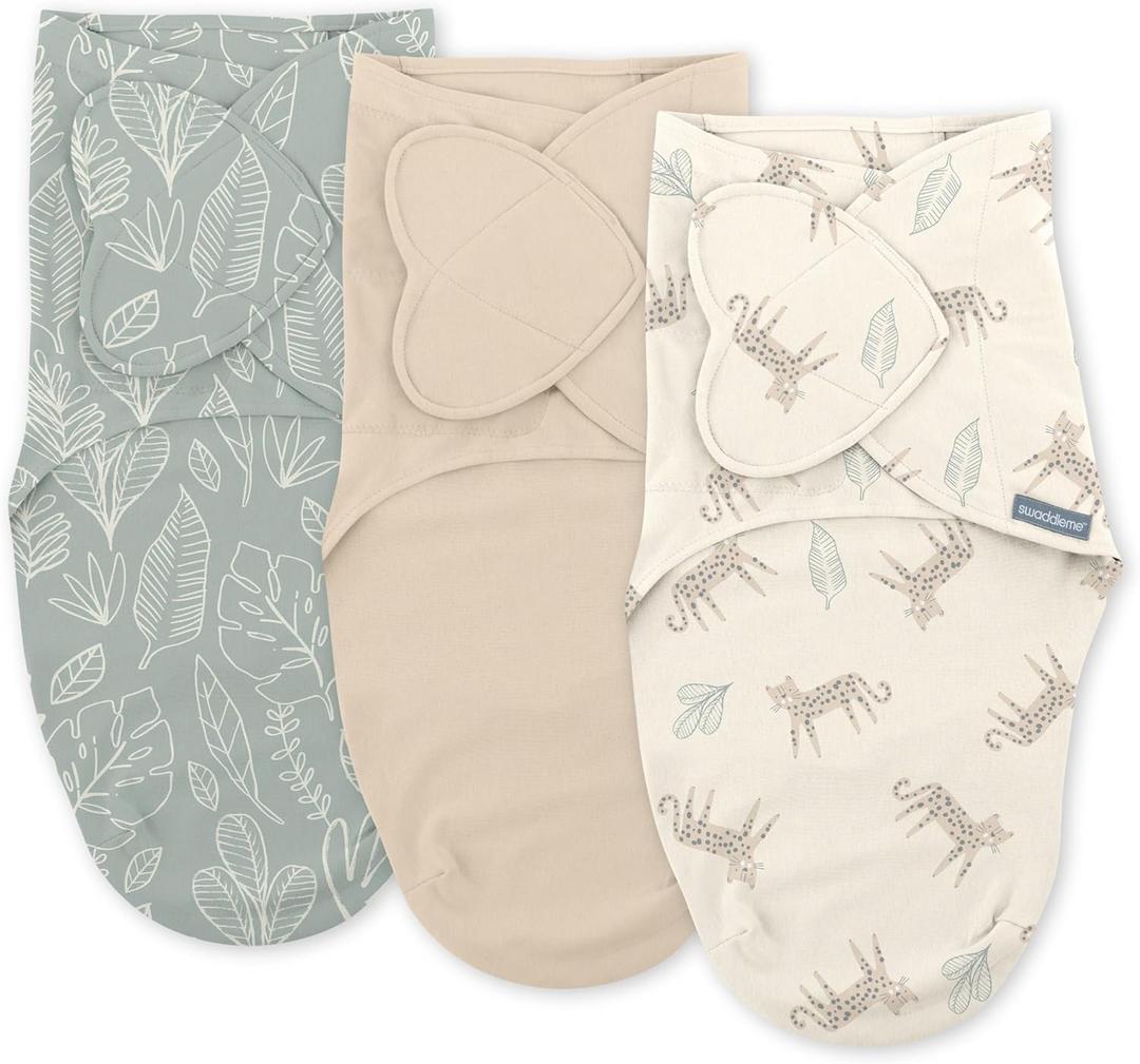 SwaddleMe by Ingenuity Monogram Collection Baby Swaddle, 100% Cotton, Improves Sleep & Calms Startle Reflex, 0-3 Months, Pocket Fold Design for Easy Changes, 1.0 TOG, 3-Pack - Born Free