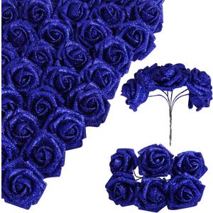 Glitter Flowers, 60pcs Royal Blue Roses 1.57in Artificial Foam Roses With Stems for DIY Wedding Home Party Decoration