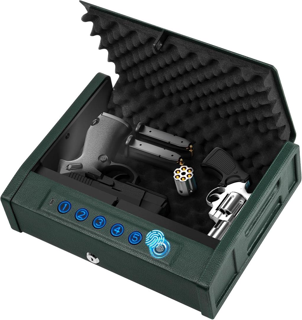 Biometric Pistol Safe for 24 Guns, Quick Access Handgun Lock Box with 5-Digit Backlit Keypad, USB-C Emergency Power, Silent Mode & Green Micro-Fiber Leather Design for Home, Car, Bedside Use