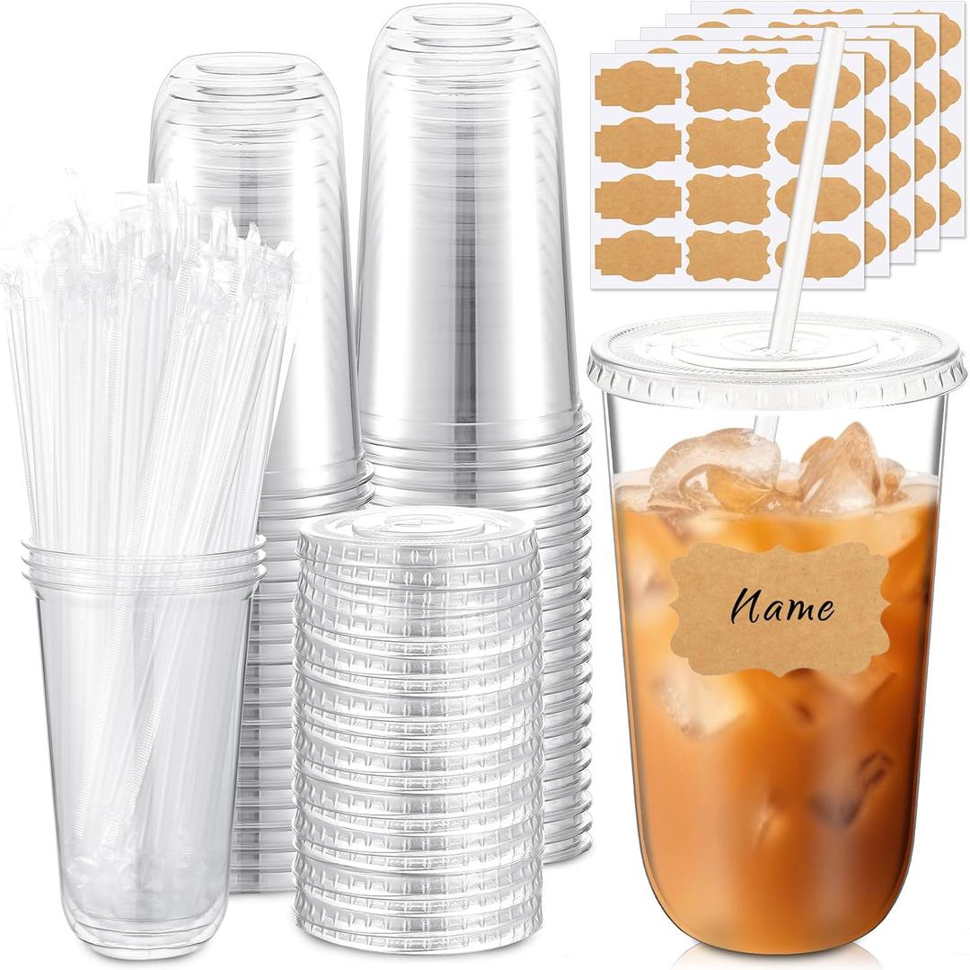 50 Sets Clear Plastic Cups with Lids Straws Disposable Round Bottom Ice Coffee Cups with Label Stickers for Cold Drinks Juice Smoothie Beer Cocktails Coffee Bar Party (18oz)