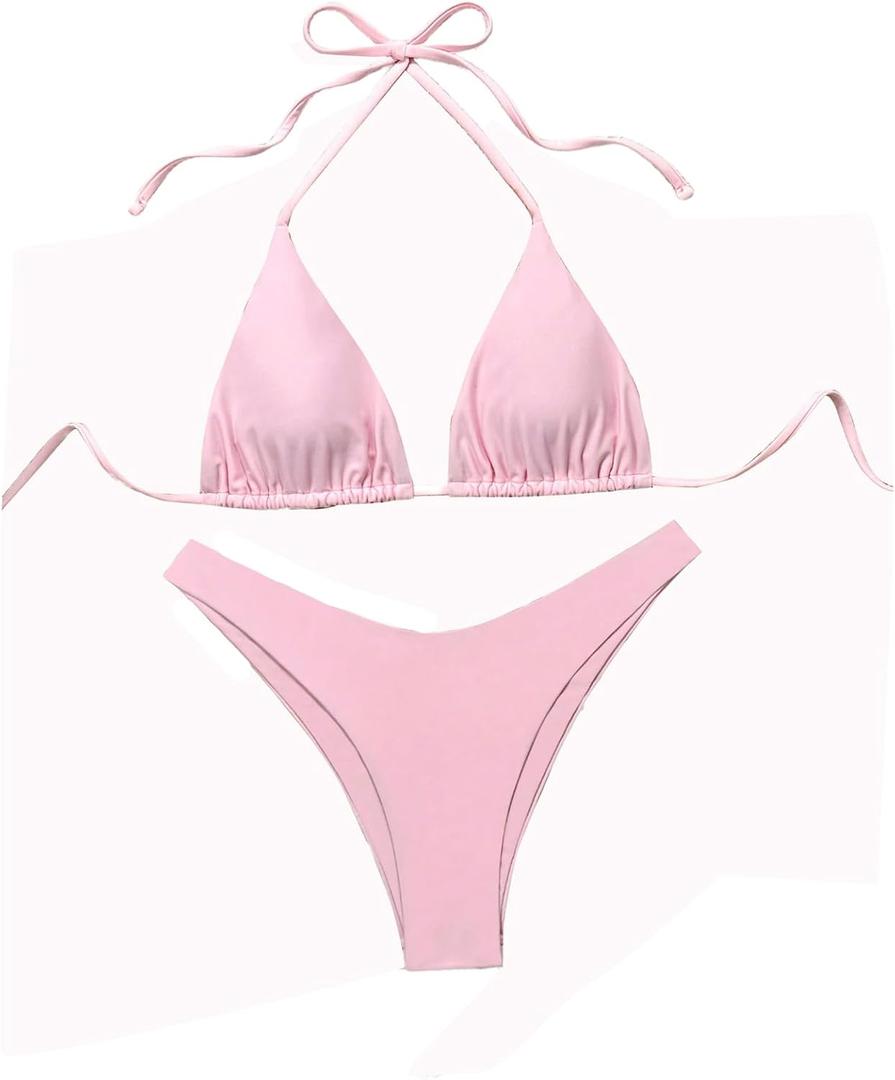 GORGLITTER Women's High Waisted Thong Bikini Set Halter Triangle Tie Back Swimsuit Bathing Suit (Pink, M)
