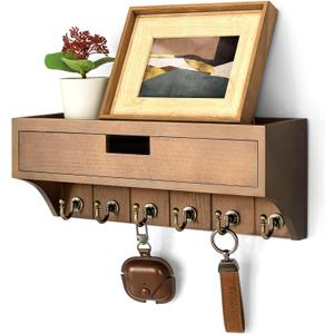 Rebee Vision Farmhouse Pine Wood Key Holder Wall Mount with Drawer Organizer Mail Organizer with 6 Sturdy Key Hooks and Storage Drawer Rustic Home Decor for Apartment Essentials (Brown)