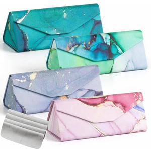 4 Packs Hard Shell Sunglasses Case, Magnetic Foldable Eyeglasses Cases, Portable PU Leather Glasses Case for Women Men Girls with 4 Cleaning Cloths