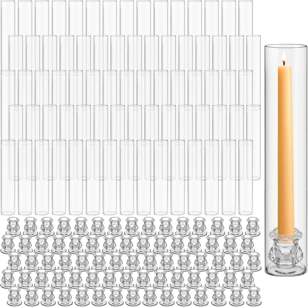 24 Set Glass Hurricane Candle Holders Bulk 12.6" Open Ended Glass Candleholder Tube Shape Bottomless and 2.2" Taper Clear Candlestick Holders for Wedding Table Centerpiece (Clear)