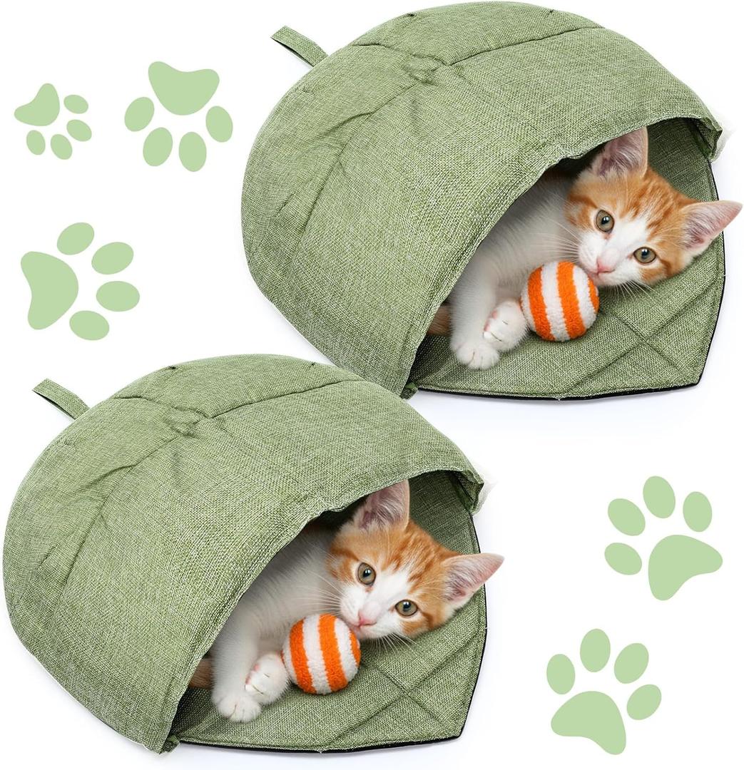 AceOrbit 2 Pcs Cat Sleeping Bag, Linen Fabric Nest Cat Bed Cave Leaf Cuddle Covered Pet Hide Cozy Hood Burrowing Zone Soft Durable Washable with Nonslip Bottom for Indoor Puppy and Kitten(Green)