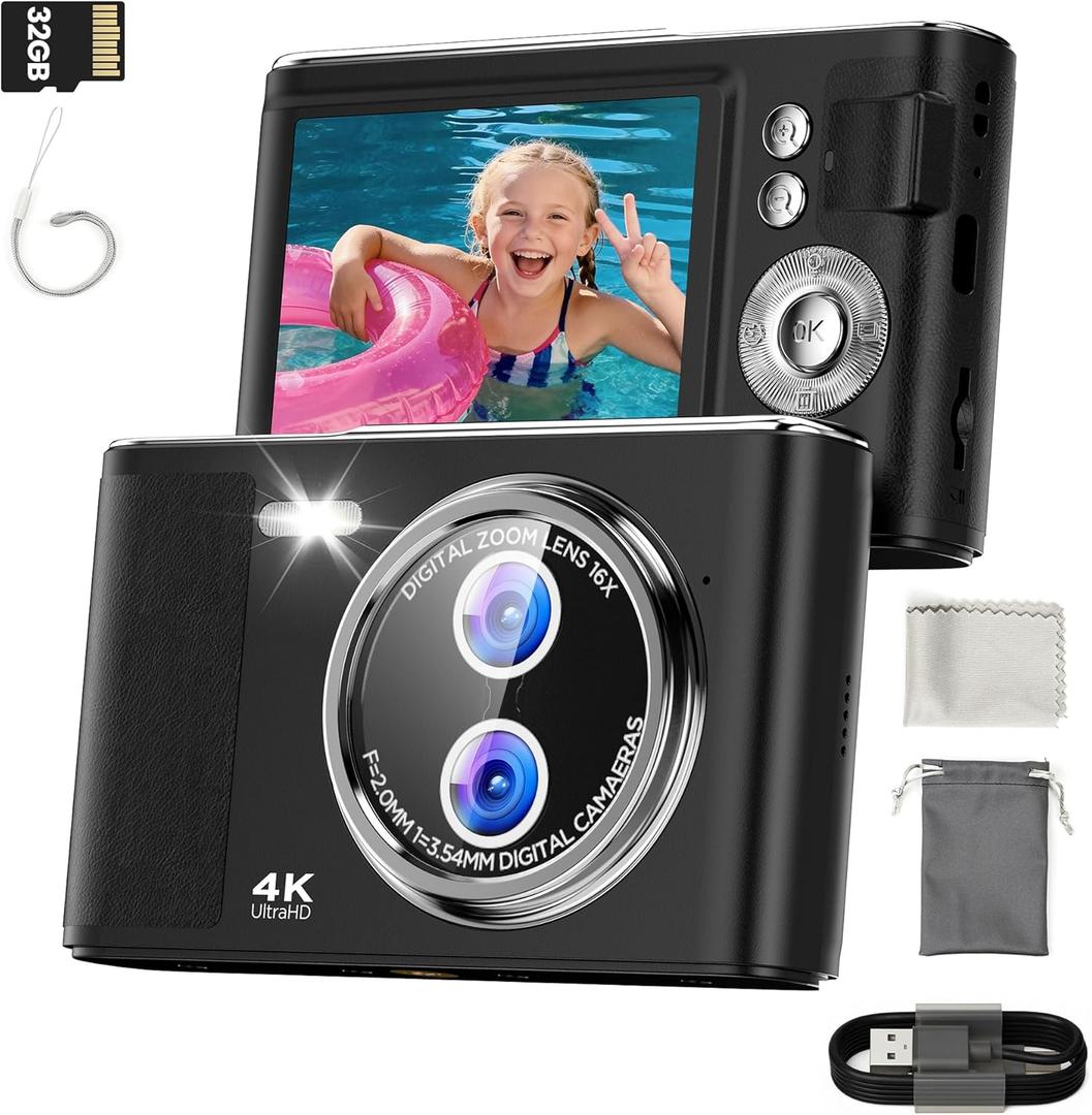 32GB Digital Camera Child: 48MP Camera with 4K Screen 2.8 Inch Anti-shake Photography Vlogging Camera for Youtube 16X Digital Zoom Compact Autofocus