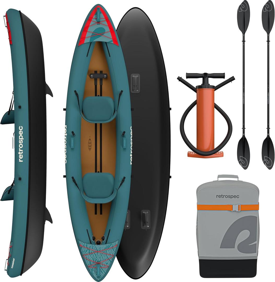 Retrospec Coaster Single & Tandem Inflatable Kayak for Adults, 220 & 440lb Weight Capacity, Lightweight with Paddle & Pump (Aegean Tide)