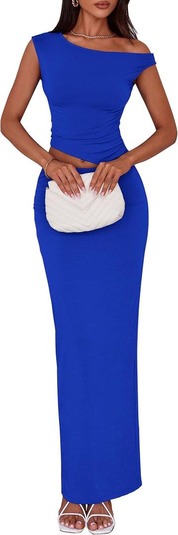 PRETTYGARDEN Skirt Sets Women 2 Piece Outfits Summer 2025 One Shoulder Sexy Ruched Bodycon Maxi Long Skirts (Royal Blue,X-Large)