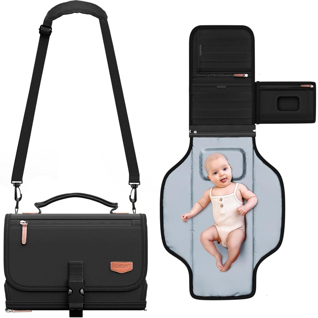 Portable Diaper Changing Pad with Shoulder Strap, Detachable Travel Changing Pad with Baby Wipes Pocket, Gifts for Baby Shower, Newborn Girls and Boys (Black)