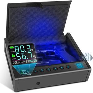 Upgraded Biometric Gun Safe for Handguns, Heavy Duty Fingerprint Handgun Safety Device for Home Bedside Nightstand Car, with LCD of Temp Humidity Time Date
