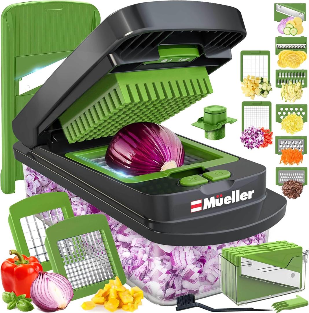 Mueller Pro-Series 10-in-1, 8 Blade Vegetable Chopper, Onion Mincer, Cutter, Dicer, Egg Slicer with Container, French Fry Cutter Potato Slicer, Home Essentials, Salad Chopper,Gray/Green (8 Blade, Gray/Green)