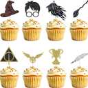 24 Pcs Black Magical Wizard Cupcake Toppers Gold Wizard Hat Flying Broomstick Cupcake Picks Magical School Theme Birthday Cake Decorations New Year Party Supplies (Hp)