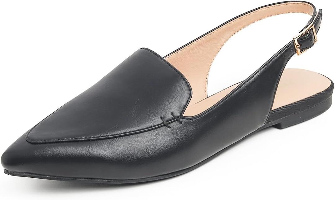 FEVERSOLE Pointed Toe Casual Slingback Flat Mules Women's Fashion Buckle Strap Slide Summer Slippers (6.5, Black Plain Vegan Leather)