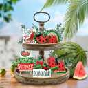 Summer Tiered Tray Decor, Red Green Watermelon Tray Decorations, Hello Summer Sweet Popsicle Ant Wooden Signs, Farmhouse Rustic Decorations for Home Table Shelf Mantel Party