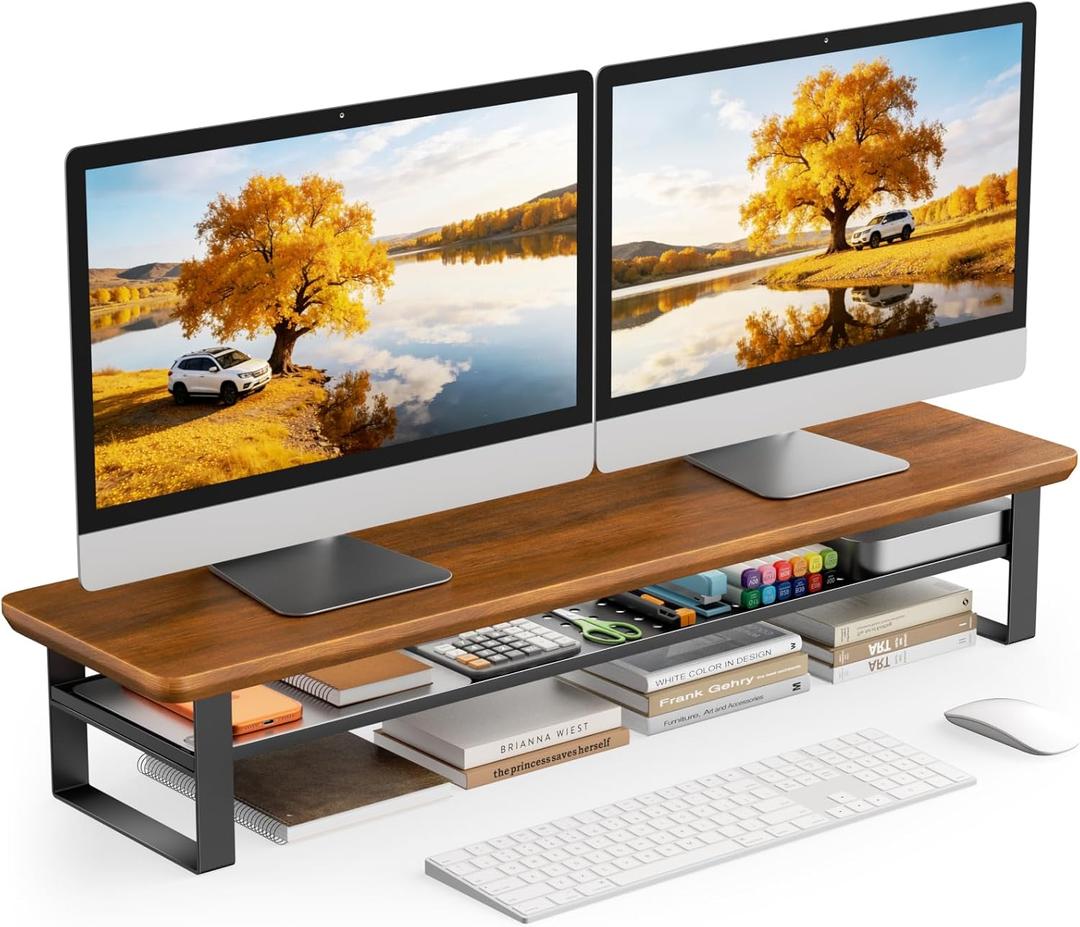Dual Monitor Stand, 35.4 Inch Monitor Stand Riser for 2 Monitors, 2 Tiers Wood Desk Shelf with Storage, Desktop Organizer Stand for Computer, Laptop, Printer, TV (Walnut, 35.4in)