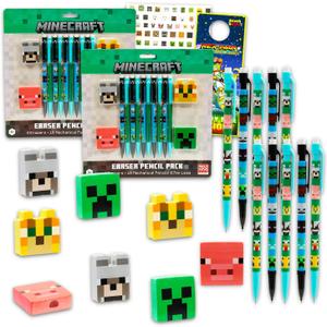 Minecraft Mechanical Pencils and Erasers Party Favors Bulk, 20 Pencils and 8 Erasers for Goodie Bags, Loot Bags, Classroom Prizes Plus More | Minecraft Party Supplies Kids, Boys, Girls