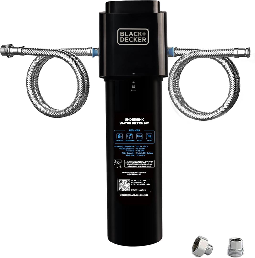 BLACK+DECKER Undersink Water Filter 10 | Reduces CHLORAMINE,Chlorine, Lead, PFAS, Bad Taste, Odor | Under Counter Water Filter Direct Connect to Kitchen Faucet | NSF/ANSI 42 Certified | 1 year