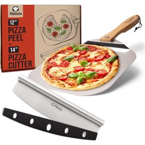 Chef Pomodoro Aluminum Metal Pizza Peel with Foldable Wood Handle for Easy Storage, Pizza Spatula, Gourmet Luxury Pizza Paddle for Baking Homemade Pizza Bread (12 x 14 inch + 14 inch Cutter)