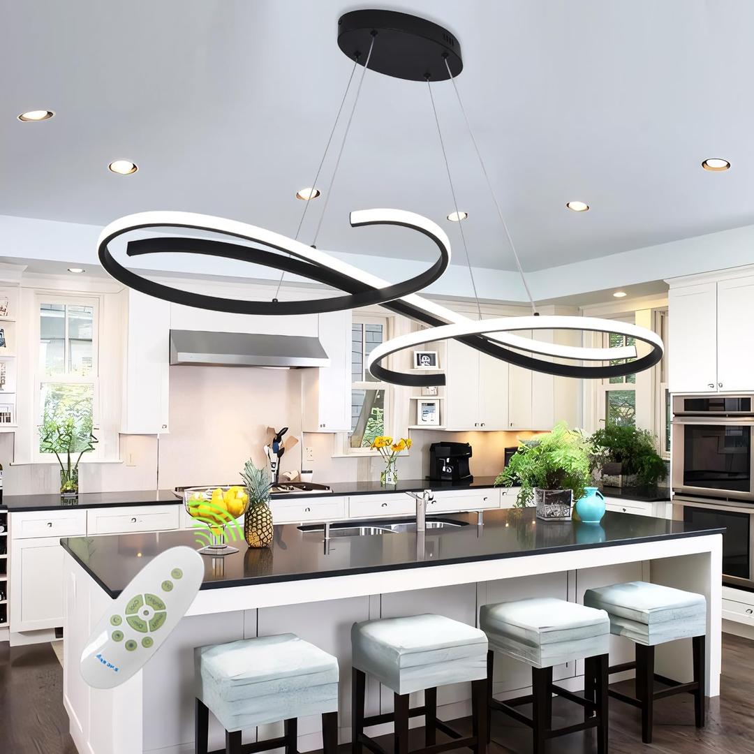 47.24" Black 3-Color LED Adjustable Height Pendant Chandelier | Modern kitchen island ceiling light fixture, multi color lighting decor perfect for dining room decoration