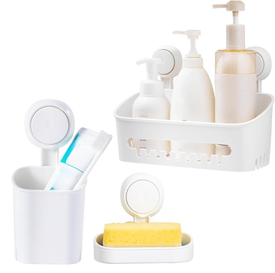 Shower Caddy Suction Cup Set - No-Drill Removable 3-Pack Organizer with Shower Shelf, Soap Dish, and Toothbrush Holder - Strong Suction, Waterproof, Ideal for Bathroom Organization