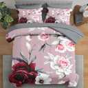 Comforter Set Queen Size, Rose Flower Leaves 7 Pcs Bedding for Kids and Adults, Painting Vintage Bed Sheet Sets with Fitted Sheet 2 Pillowcases & 2 Shams for Bedroom Bed Decor